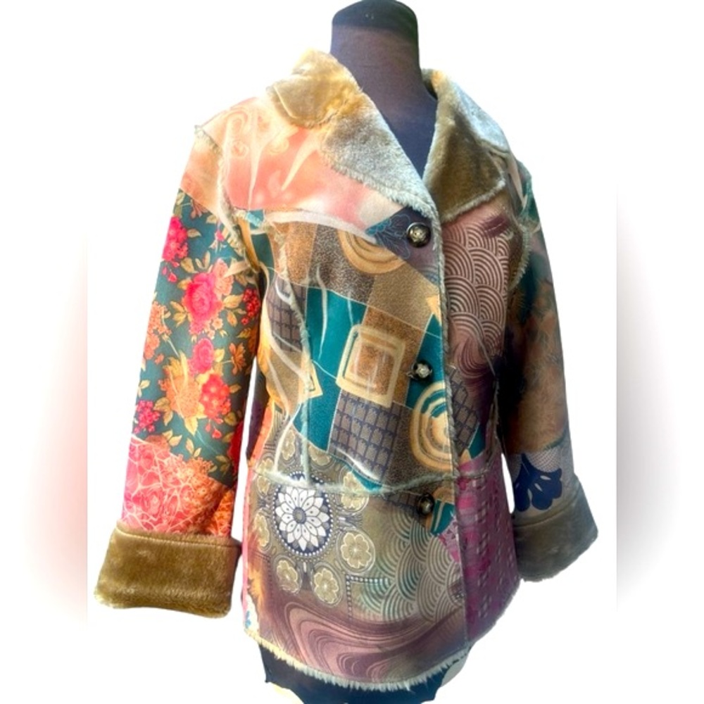 Lapis Penny Lane Coat Artsy Patchwork Print Faux Suede Lined Boho Hippie Retro M